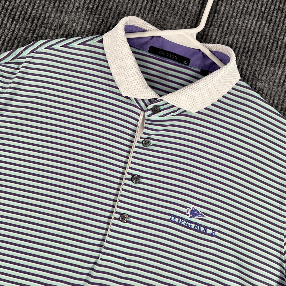 Greyson Polo Shirt Mens XL Extra Large Purple Green Striped Short Sleeve Golf